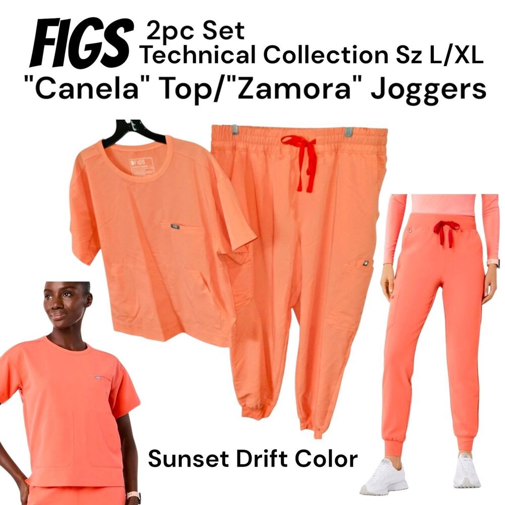 Figs Set Sunset Drift Canela LG Scrub Top & Zamora XL Hi Waist Jogger Logo Pants